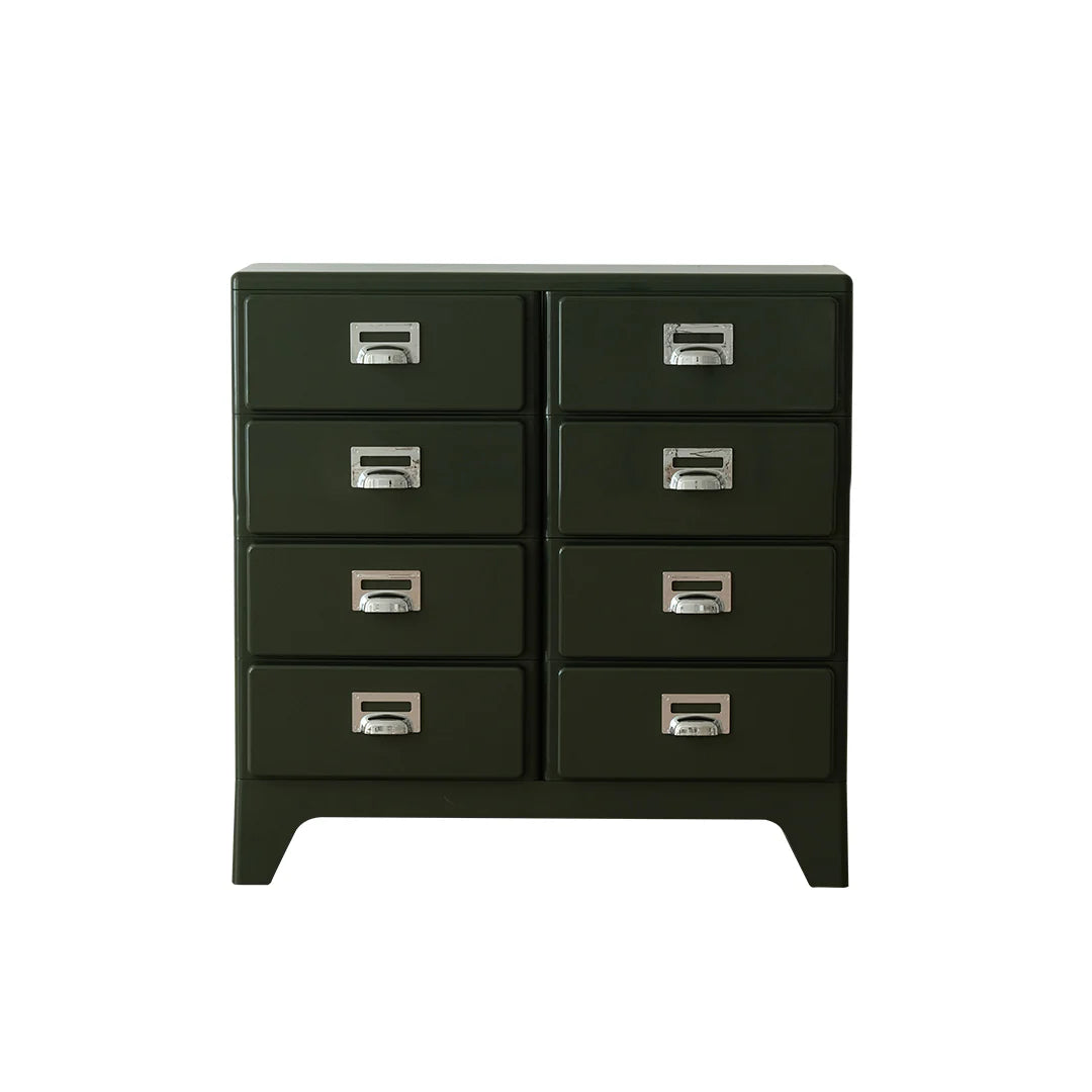 Dark green dresser with silver handles on a white background
