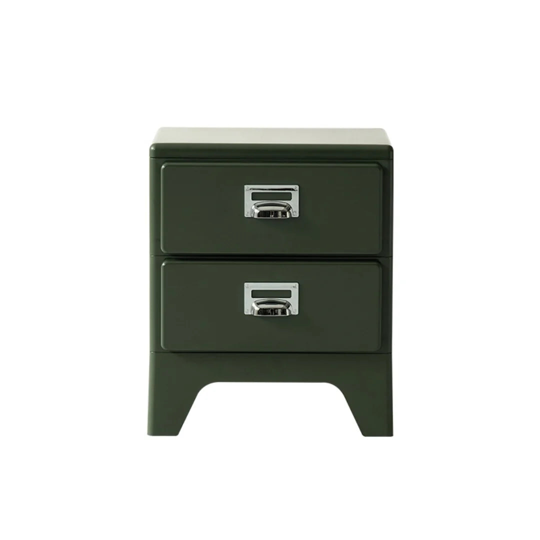 Green nightstand with two drawers on a white background