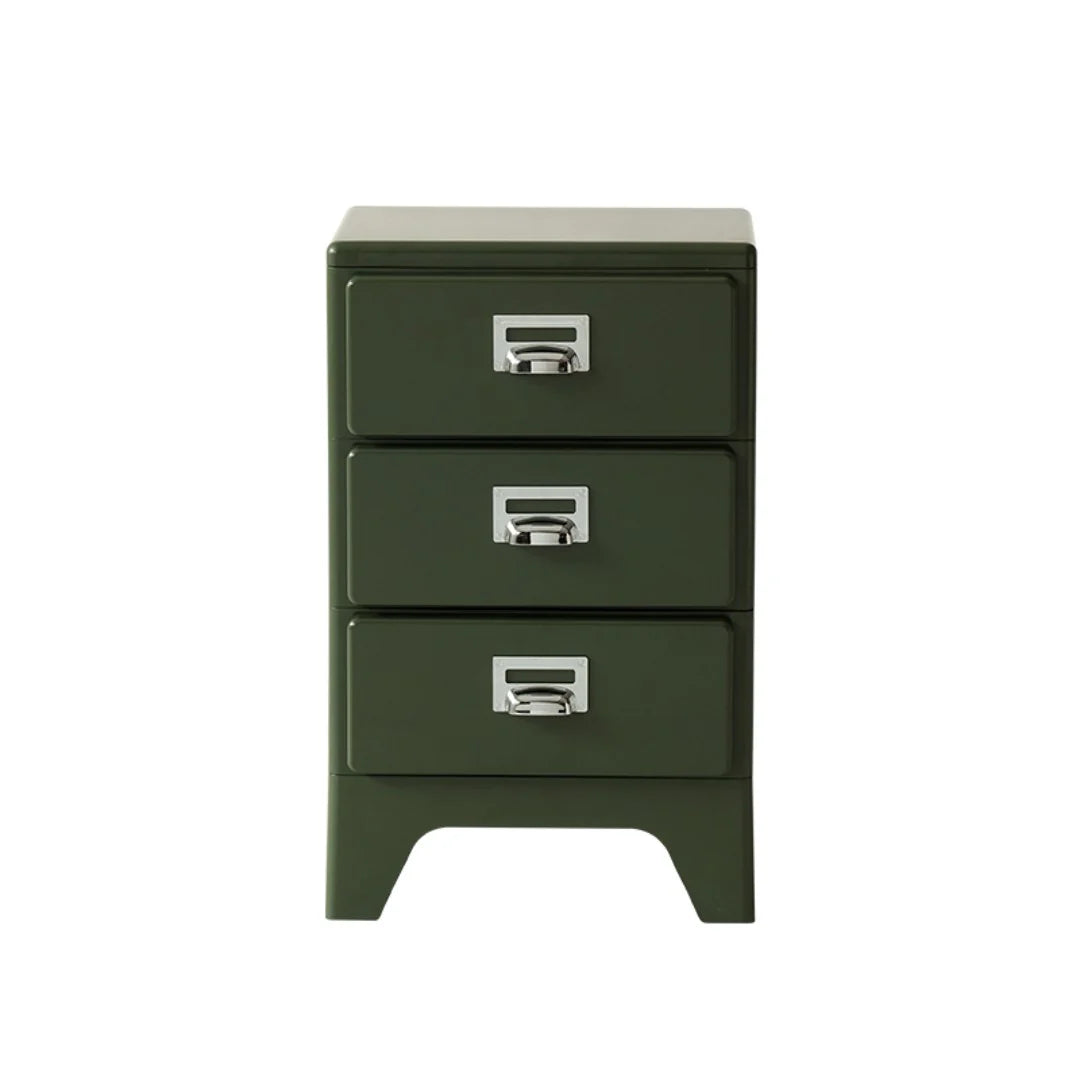 Green three-drawer nightstand with silver handles on a white background