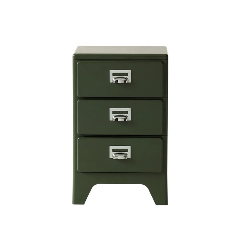 Green three-drawer nightstand with silver handles on a white background