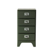 Green metal file cabinet with four drawers on a white background