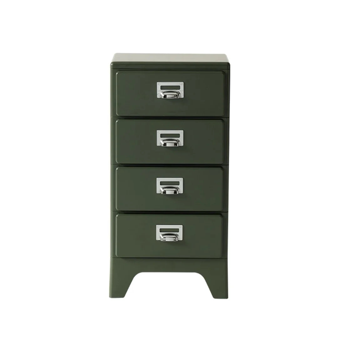 Green metal file cabinet with four drawers on a white background