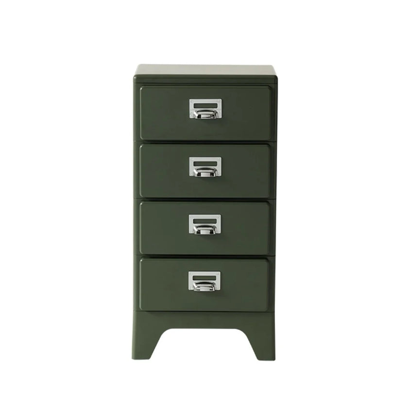 Green metal file cabinet with four drawers on a white background