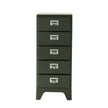 Green metal file cabinet with four drawers on a white background