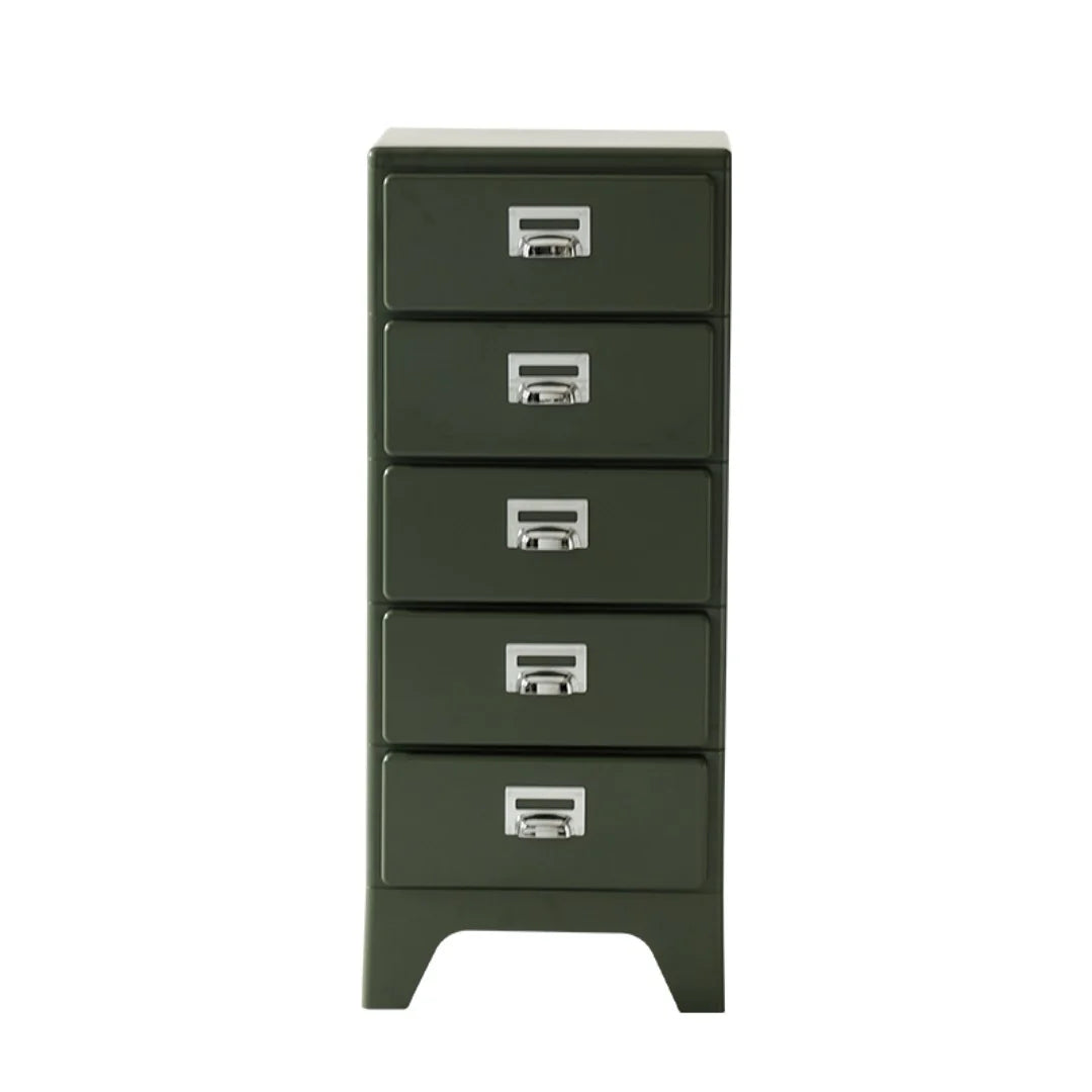 Green metal file cabinet with four drawers on a white background
