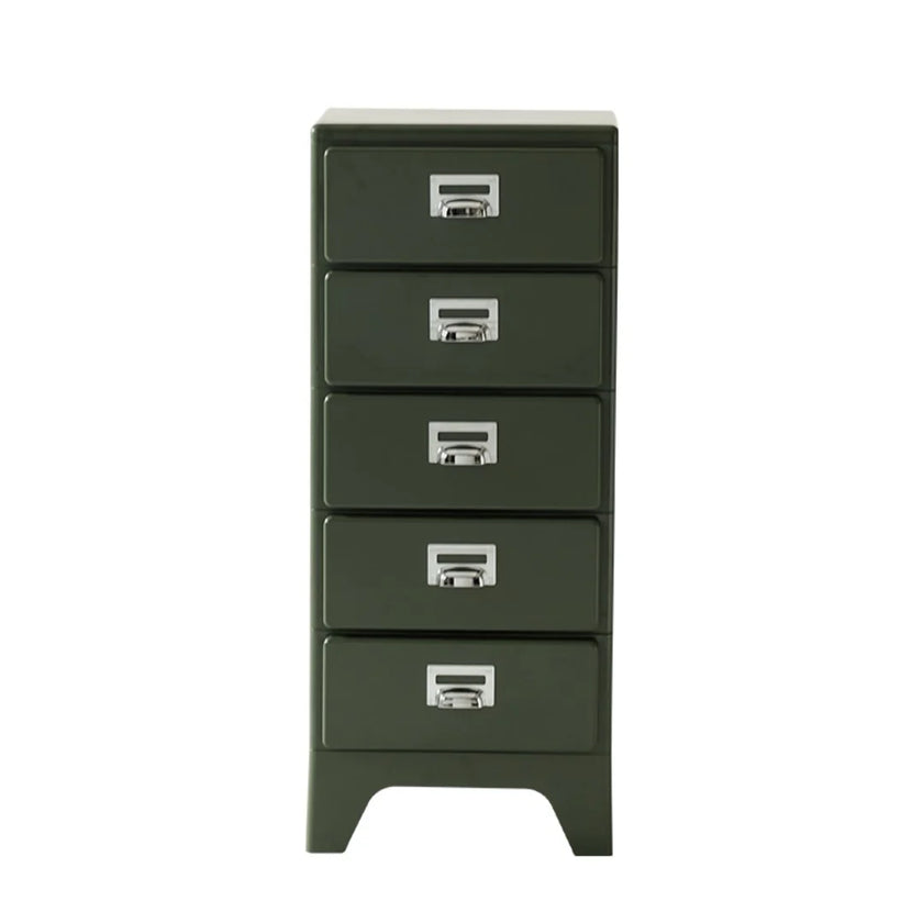 Green metal file cabinet with four drawers on a white background