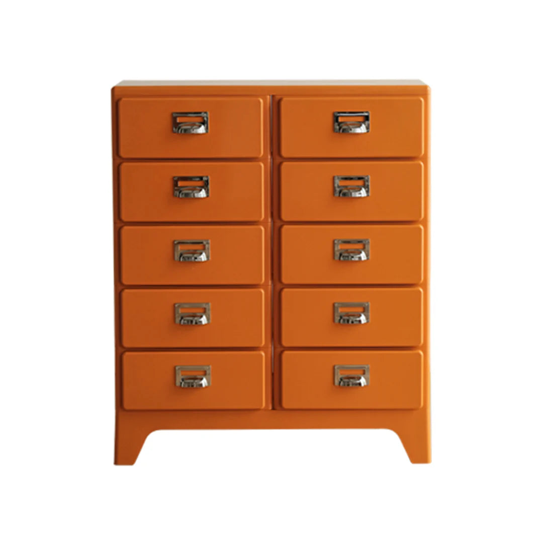 Orange dresser with multiple drawers on a white background