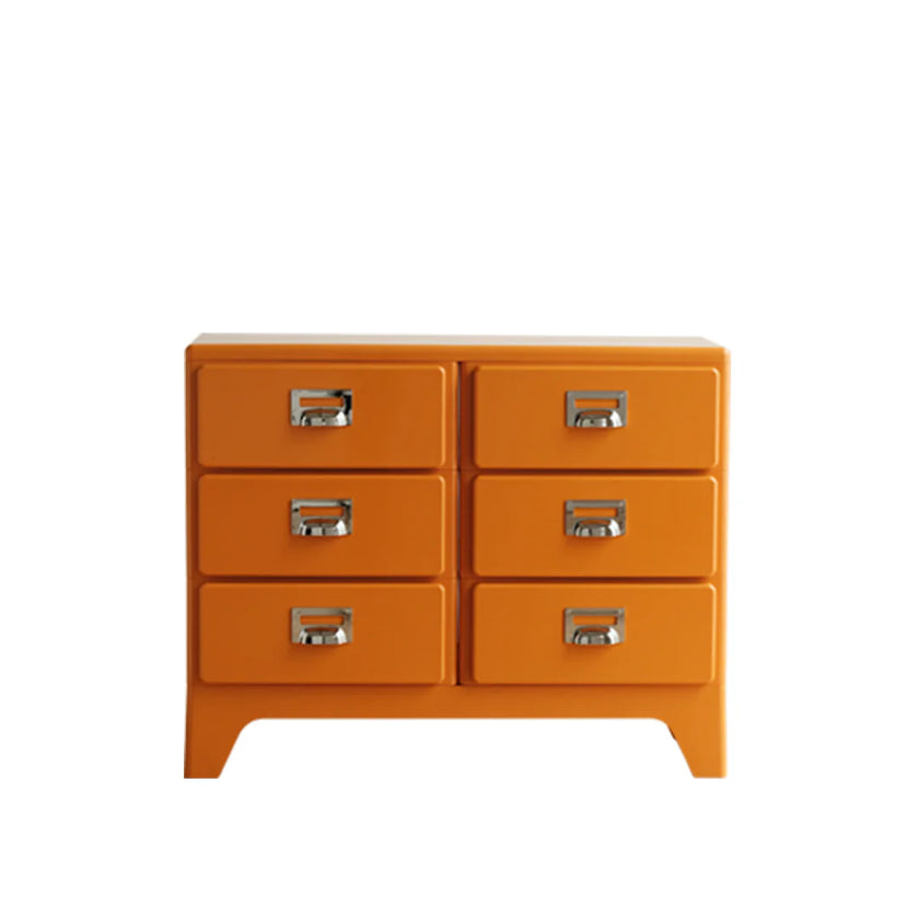 Orange dresser with six drawers on a white background