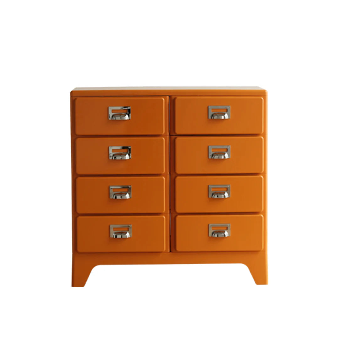 Orange dresser with six drawers on a white background