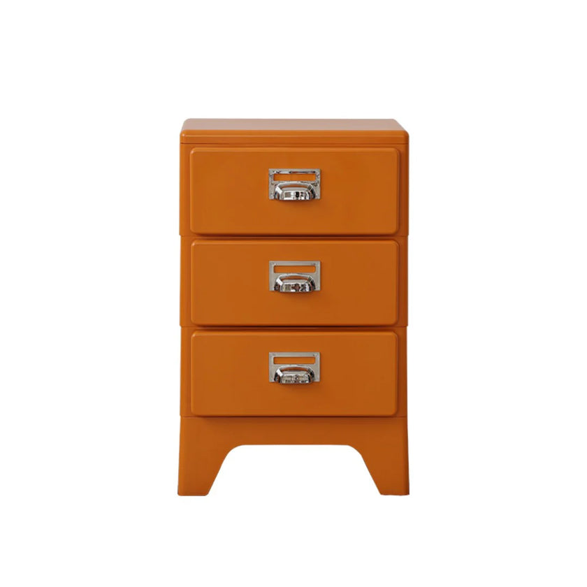 Orange three-drawer nightstand with silver handles on a white background