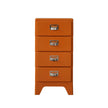 Orange four-drawer cabinet with silver handles on a white background