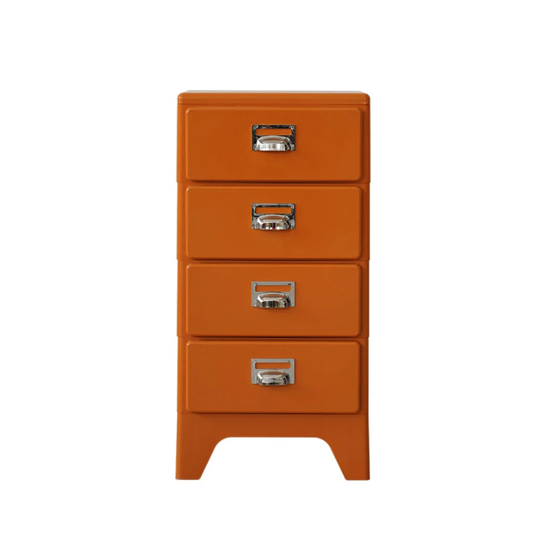 Orange four-drawer cabinet with silver handles on a white background