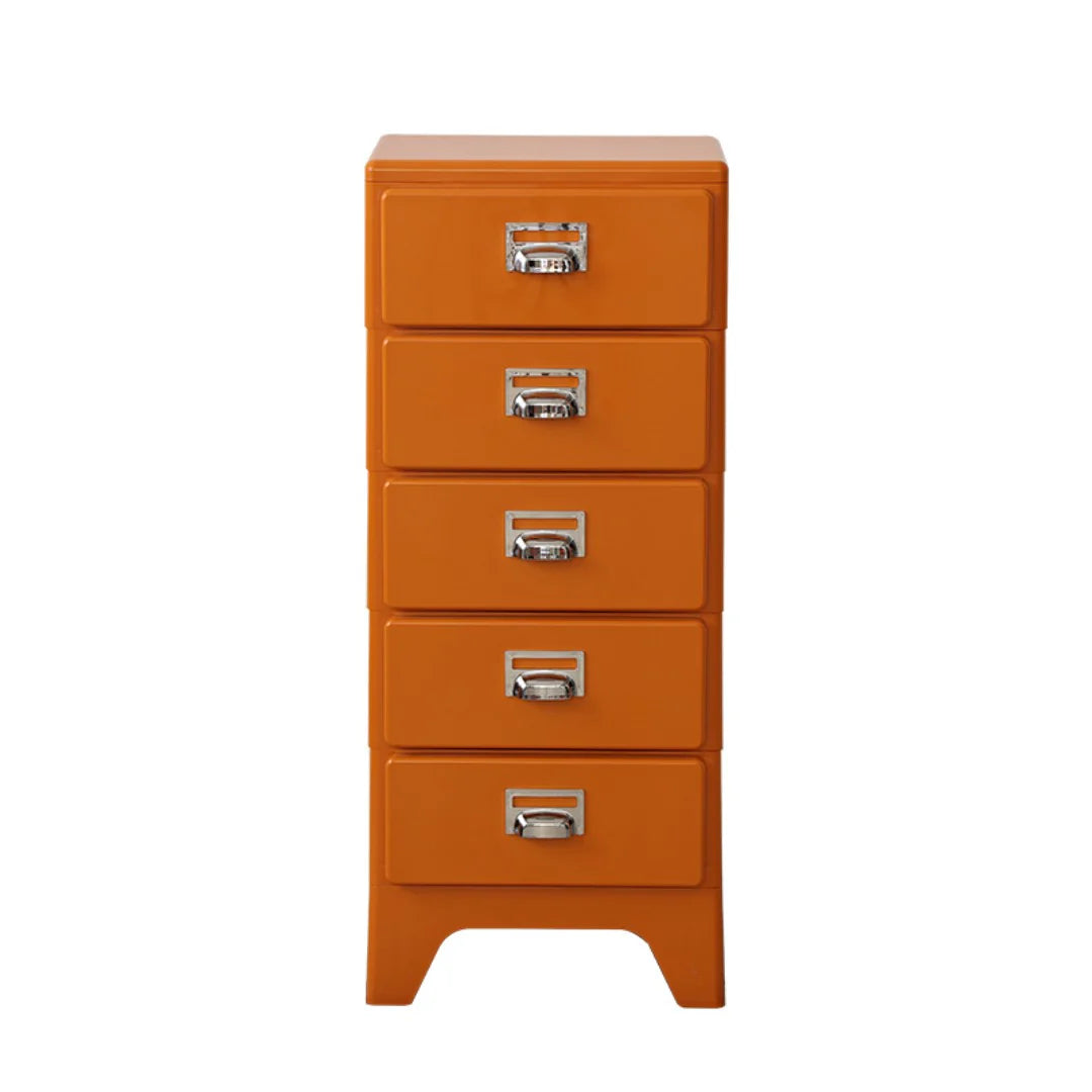 Orange dresser with four drawers on a white background