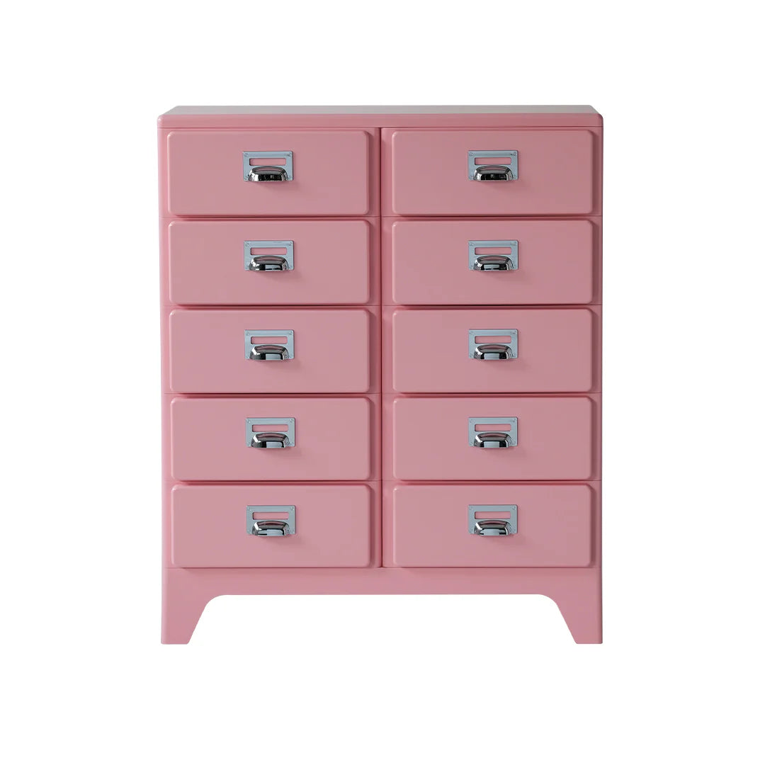 Pink dresser with multiple drawers on a white background