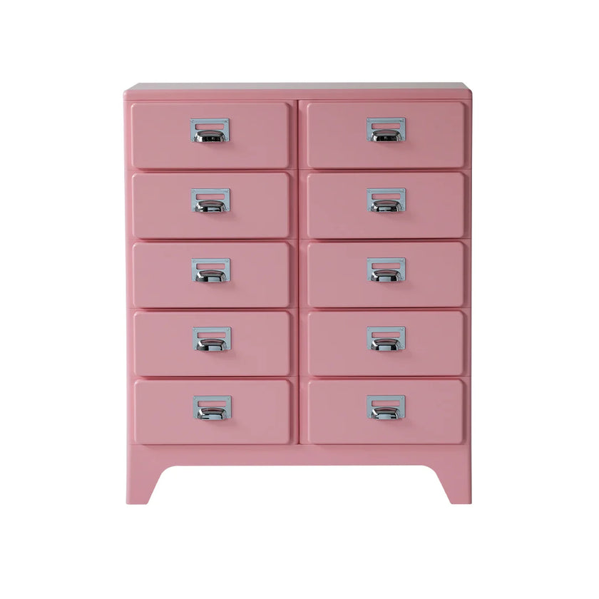 Pink dresser with multiple drawers on a white background