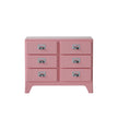 Pink dresser with six drawers on a white background