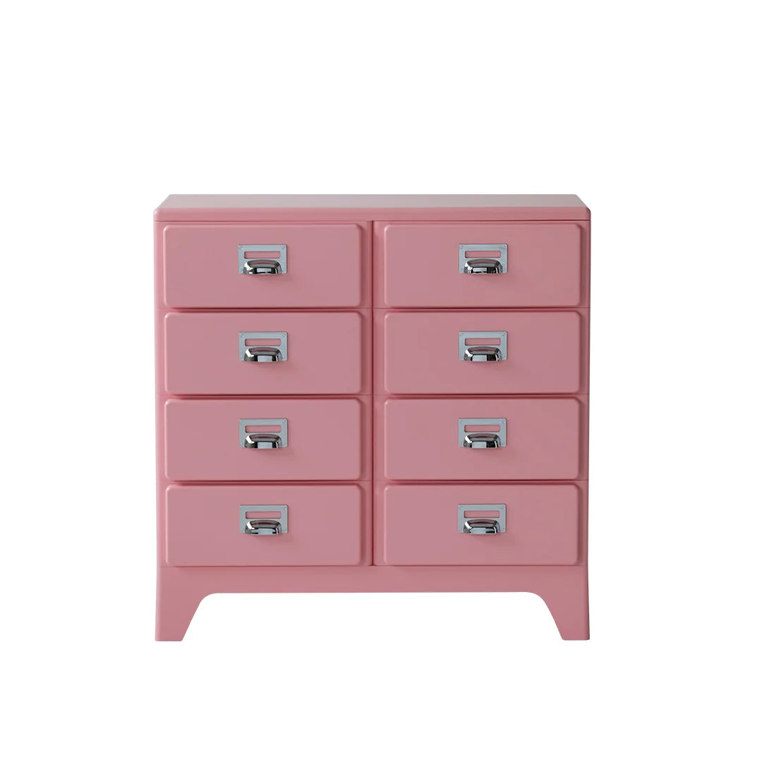 Pink dresser with six drawers on a white background