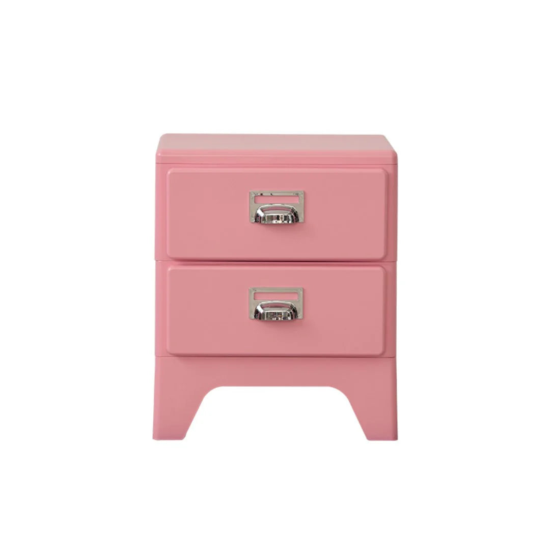 Pink nightstand with two drawers on a white background