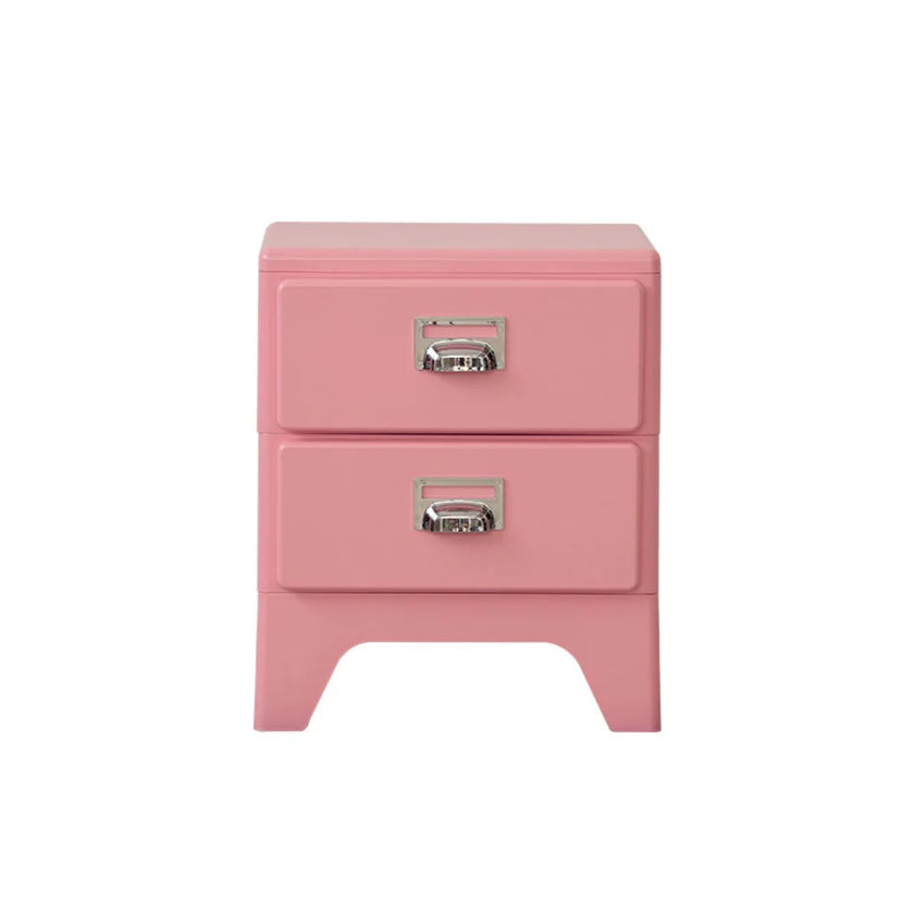 Pink nightstand with two drawers on a white background
