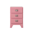 Pink nightstand with three drawers on a white background