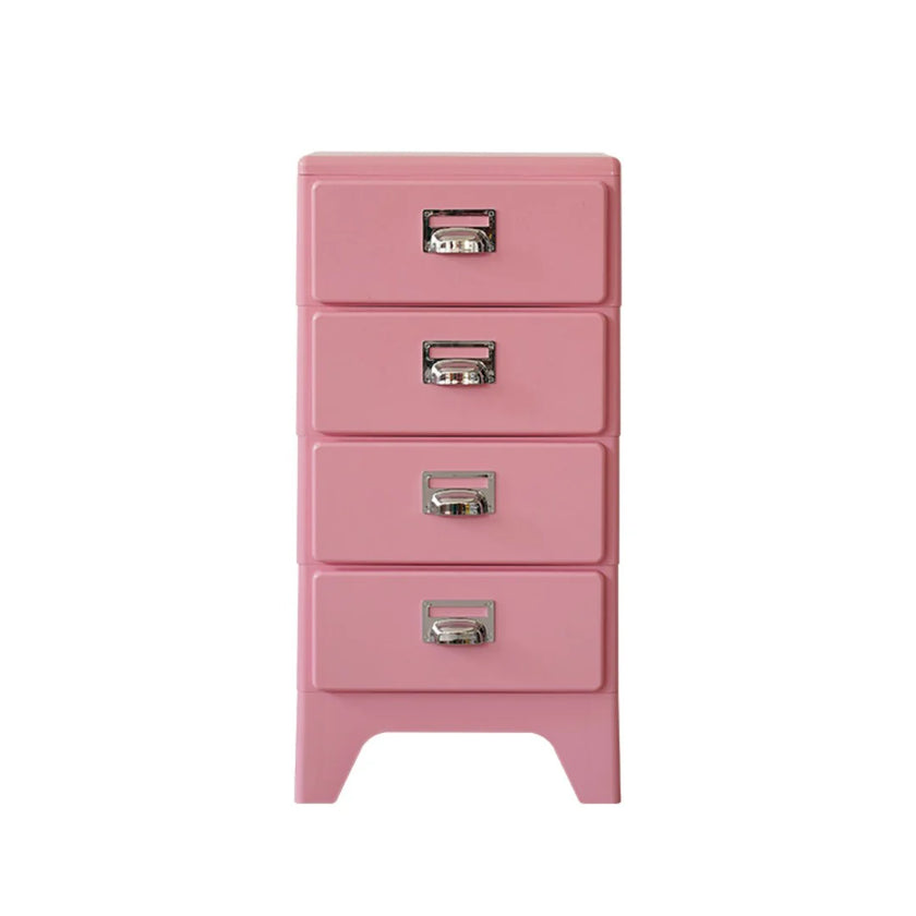 Pink four-drawer nightstand with silver handles on a white background