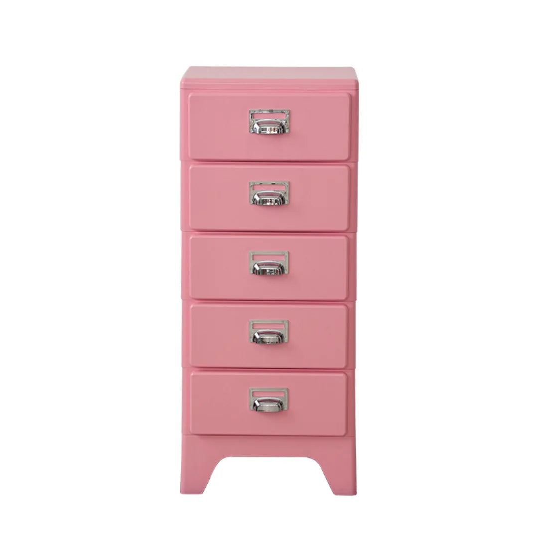 Pink metal file cabinet with four drawers on a white background
