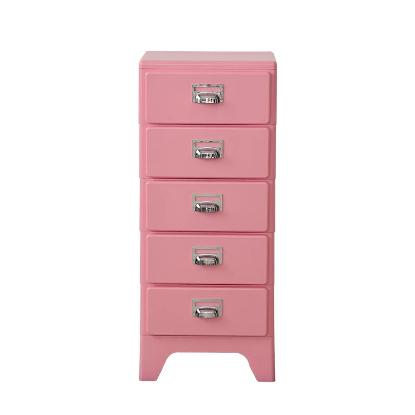 Pink metal file cabinet with four drawers on a white background