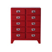 Red dresser with multiple drawers on a white background