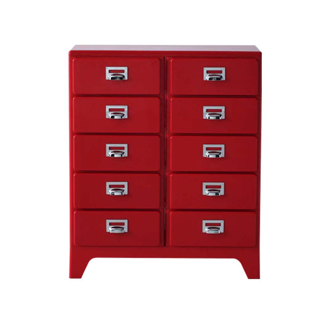 Red dresser with multiple drawers on a white background