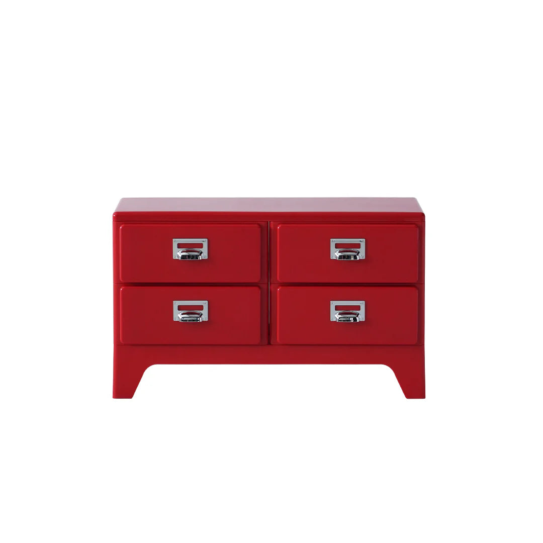 Red dresser with four drawers on a white background