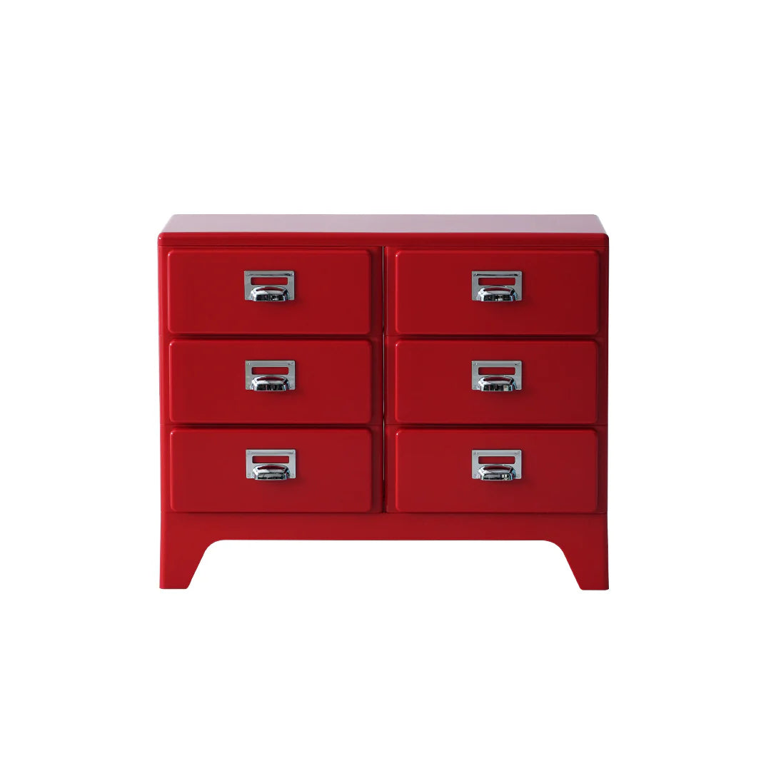 Red dresser with six drawers on a white background