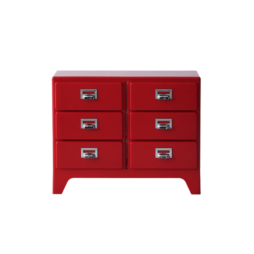 Red dresser with six drawers on a white background