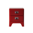 Red two-drawer nightstand with silver handles on a white background