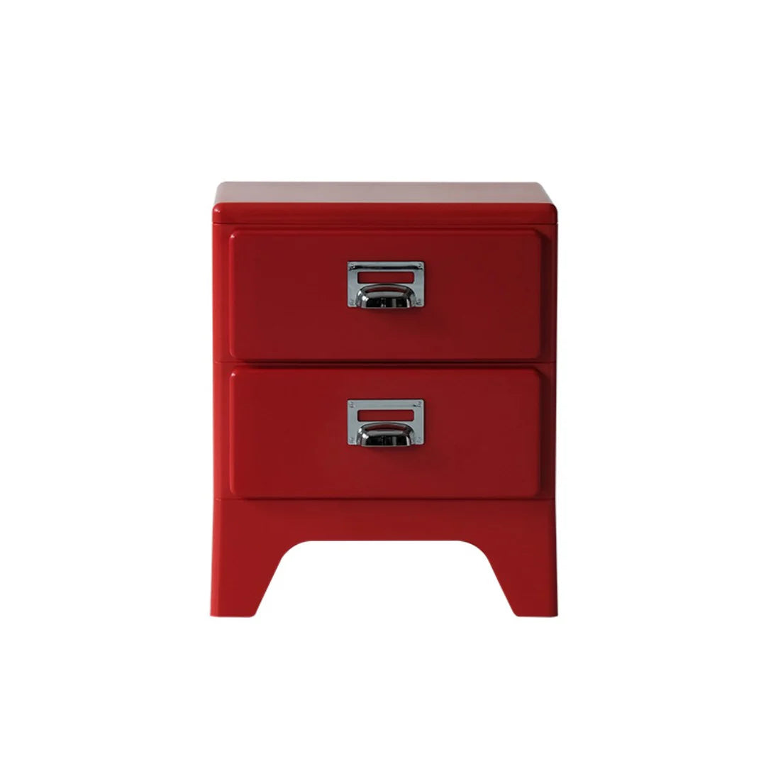 Red two-drawer nightstand with silver handles on a white background
