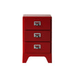 Red three-drawer nightstand with silver handles on a white background