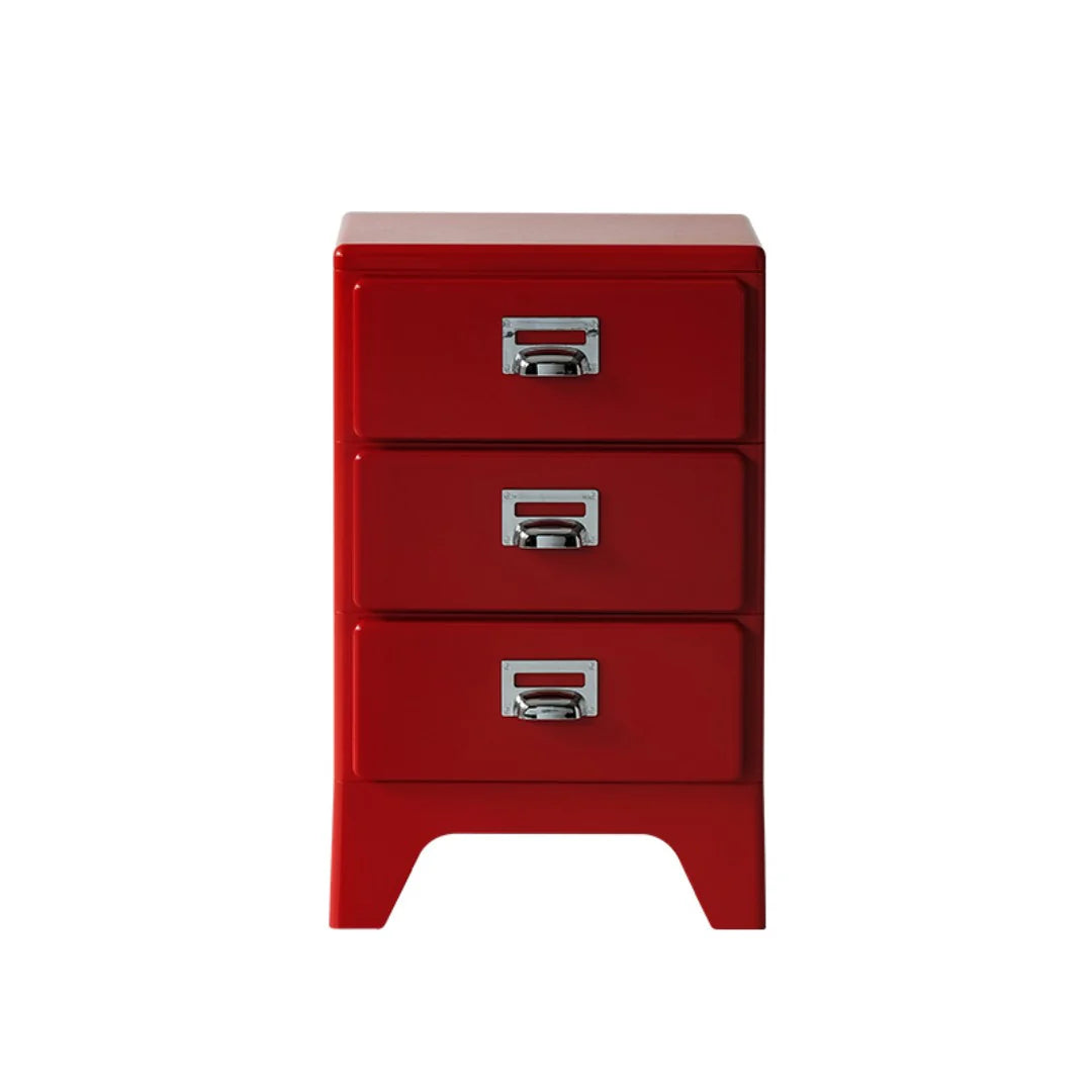 Red three-drawer nightstand with silver handles on a white background