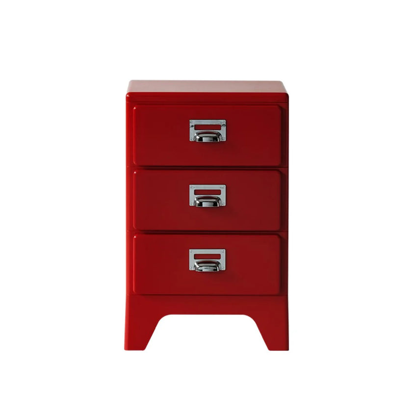 Red three-drawer nightstand with silver handles on a white background