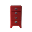 Red four-drawer cabinet with silver handles on a white background