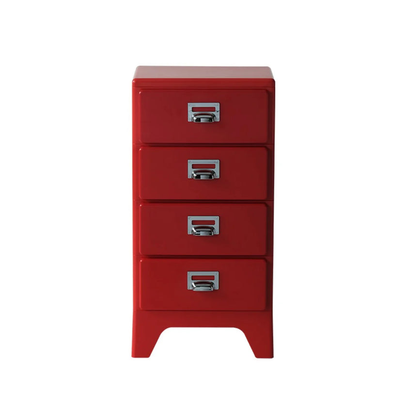 Red four-drawer cabinet with silver handles on a white background