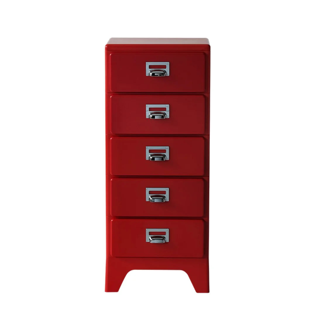 Red metal file cabinet with four drawers on a white background