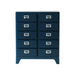Blue dresser with multiple drawers on a white background