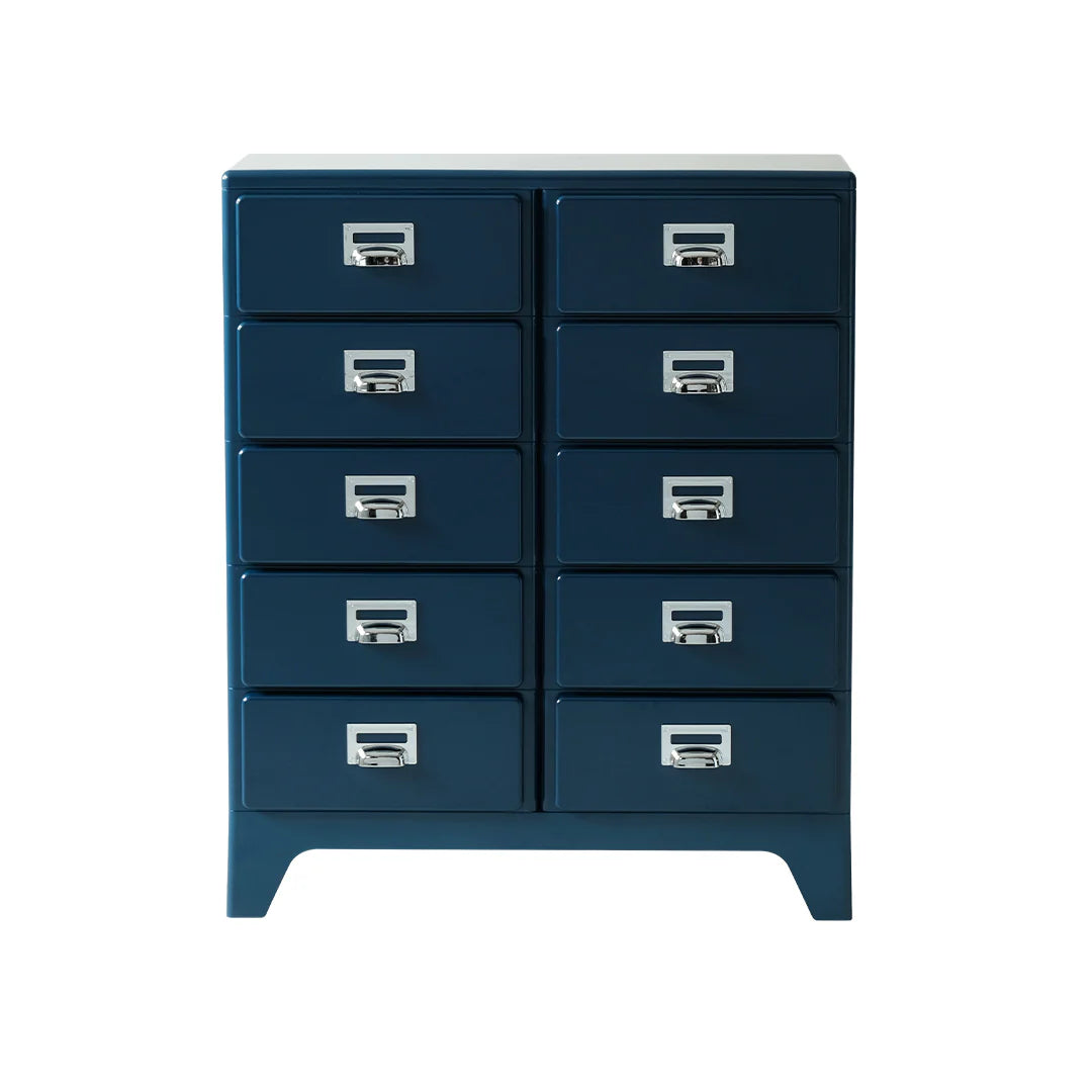 Blue dresser with multiple drawers on a white background