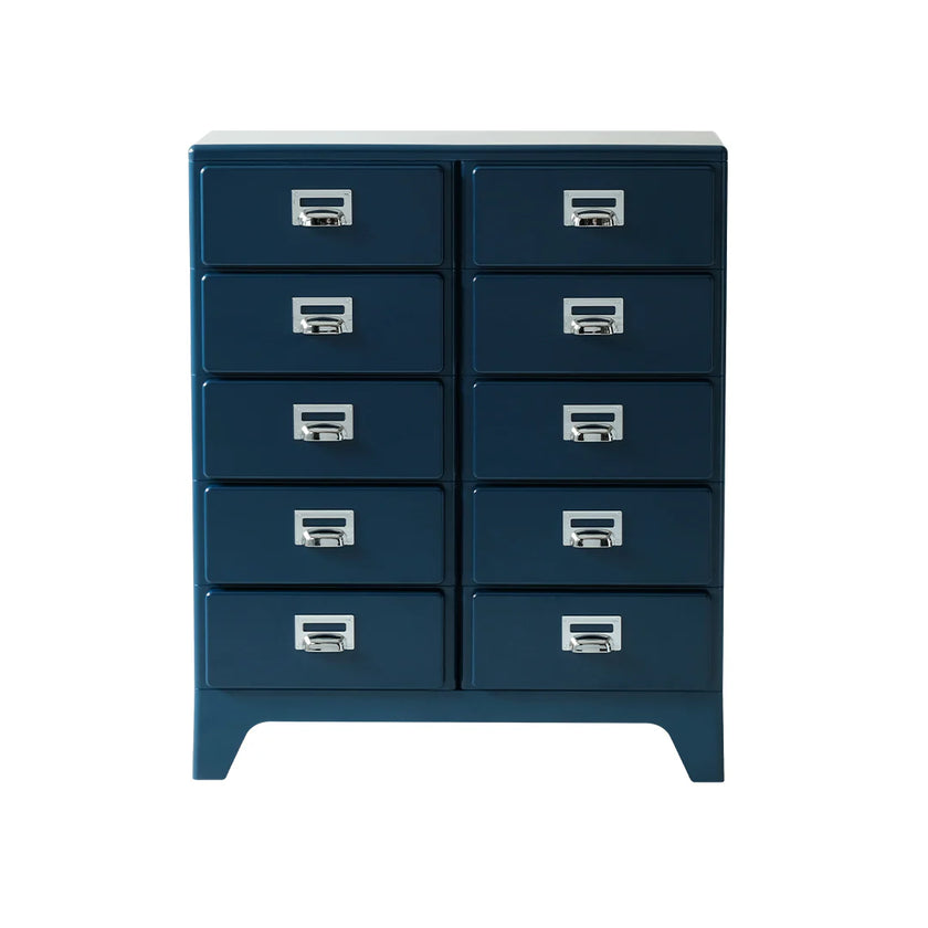 Blue dresser with multiple drawers on a white background