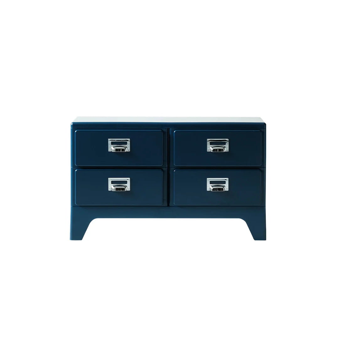 Blue dresser with four drawers on a white background