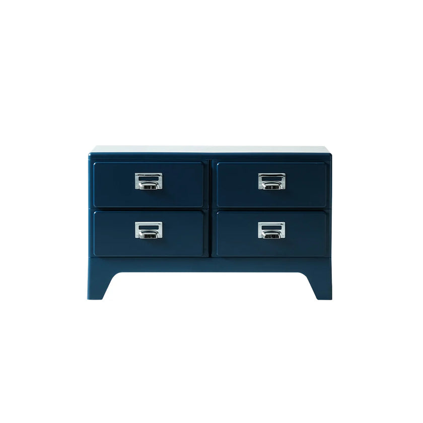 Blue dresser with four drawers on a white background