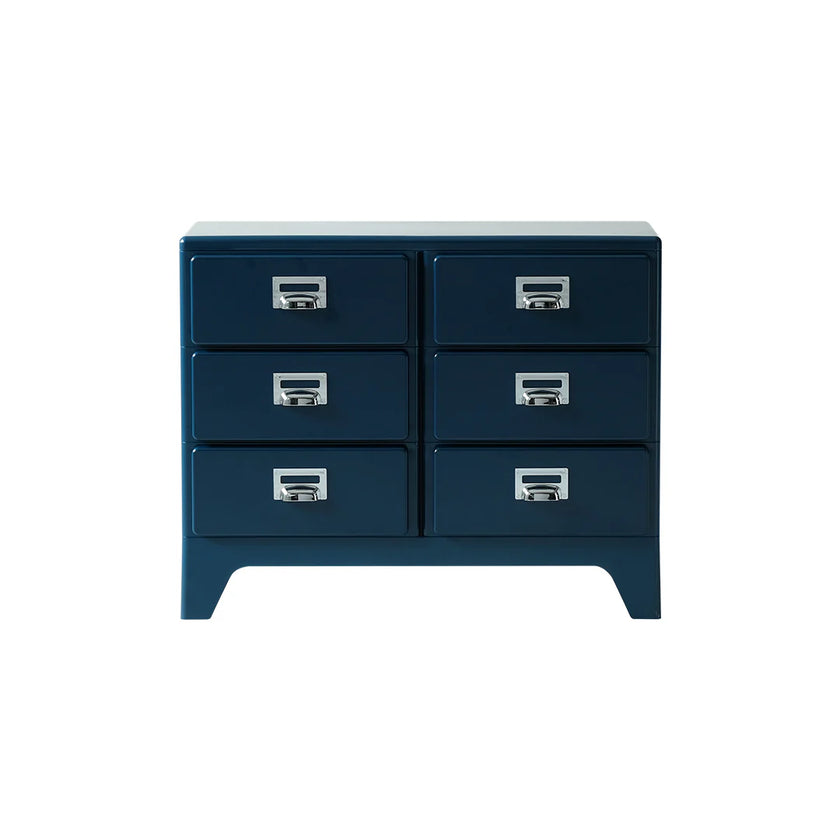 Blue dresser with six drawers on a white background