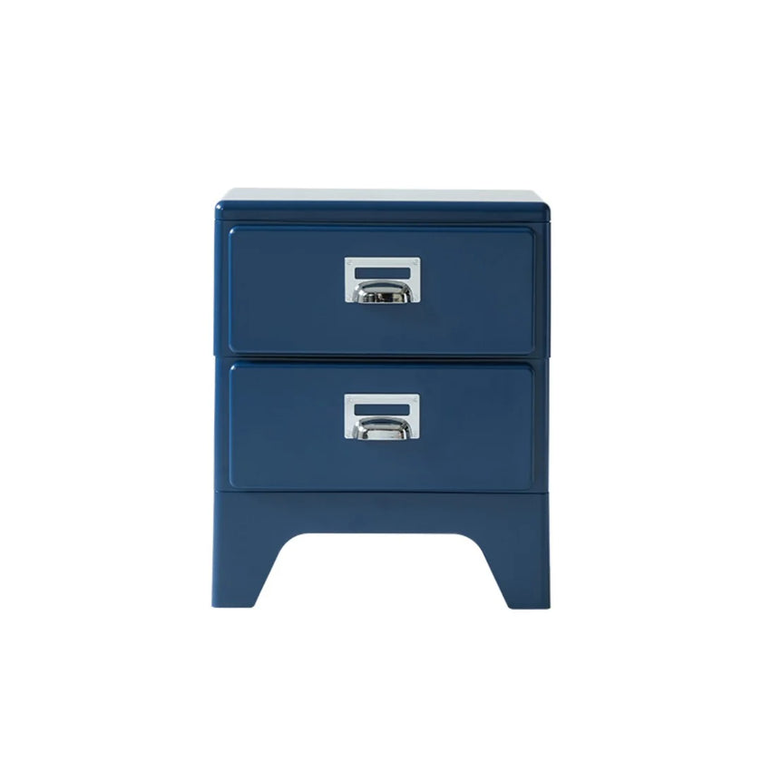 Blue nightstand with two drawers on a white background