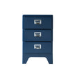 Blue three-drawer filing cabinet on a white background