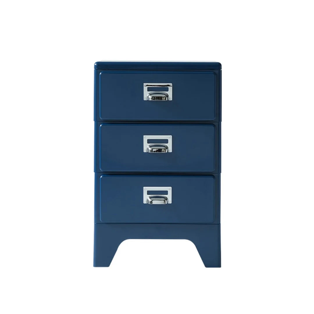Blue three-drawer filing cabinet on a white background
