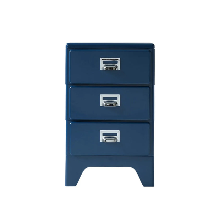 Blue three-drawer filing cabinet on a white background